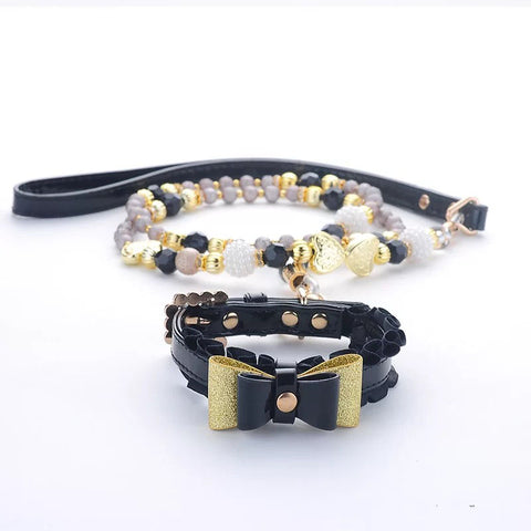 fashion black bow collar and pearl jewelry leash